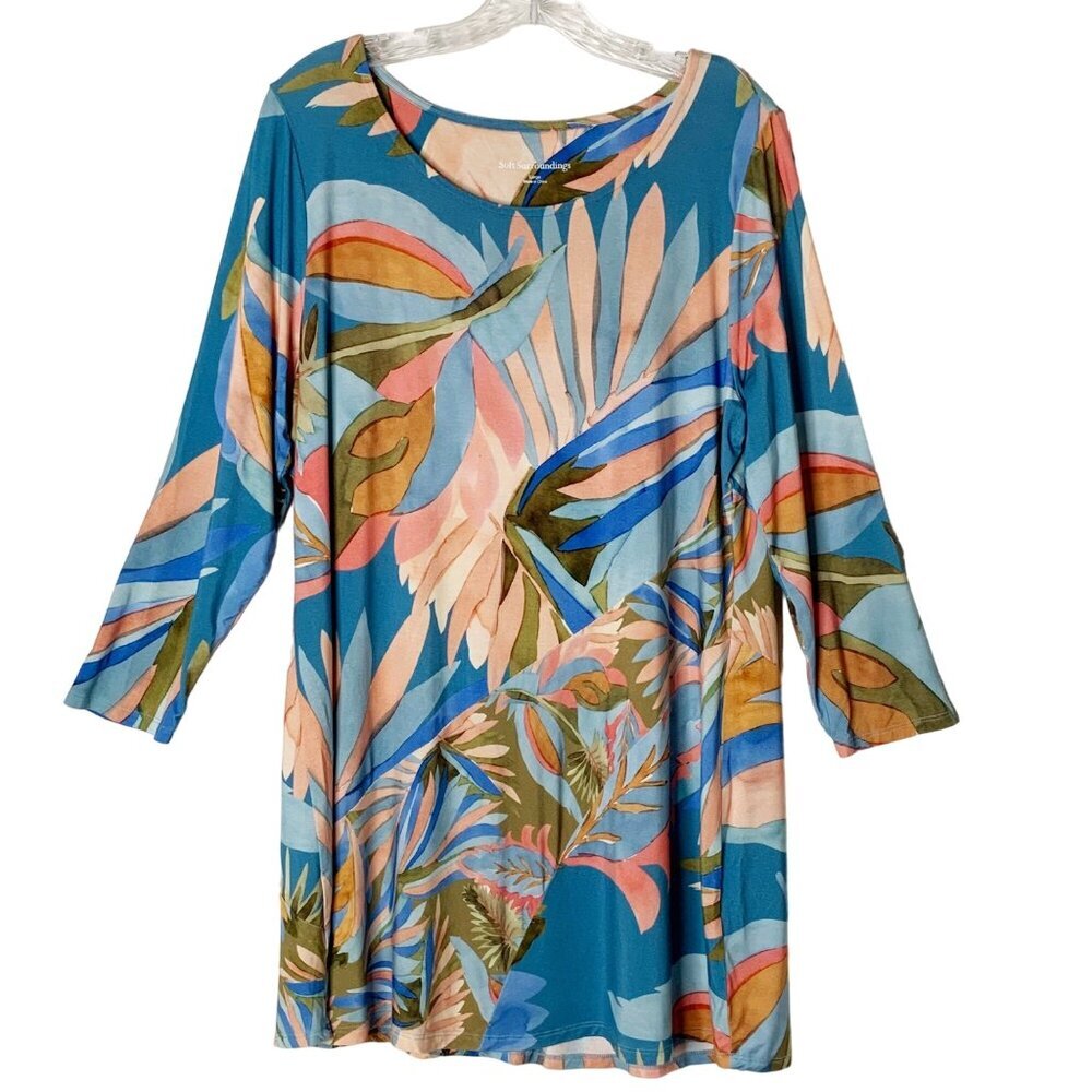 Soft Surroundings Island Tropical Tunic Top Size L Shirt Floral Beach V-neck 3/4